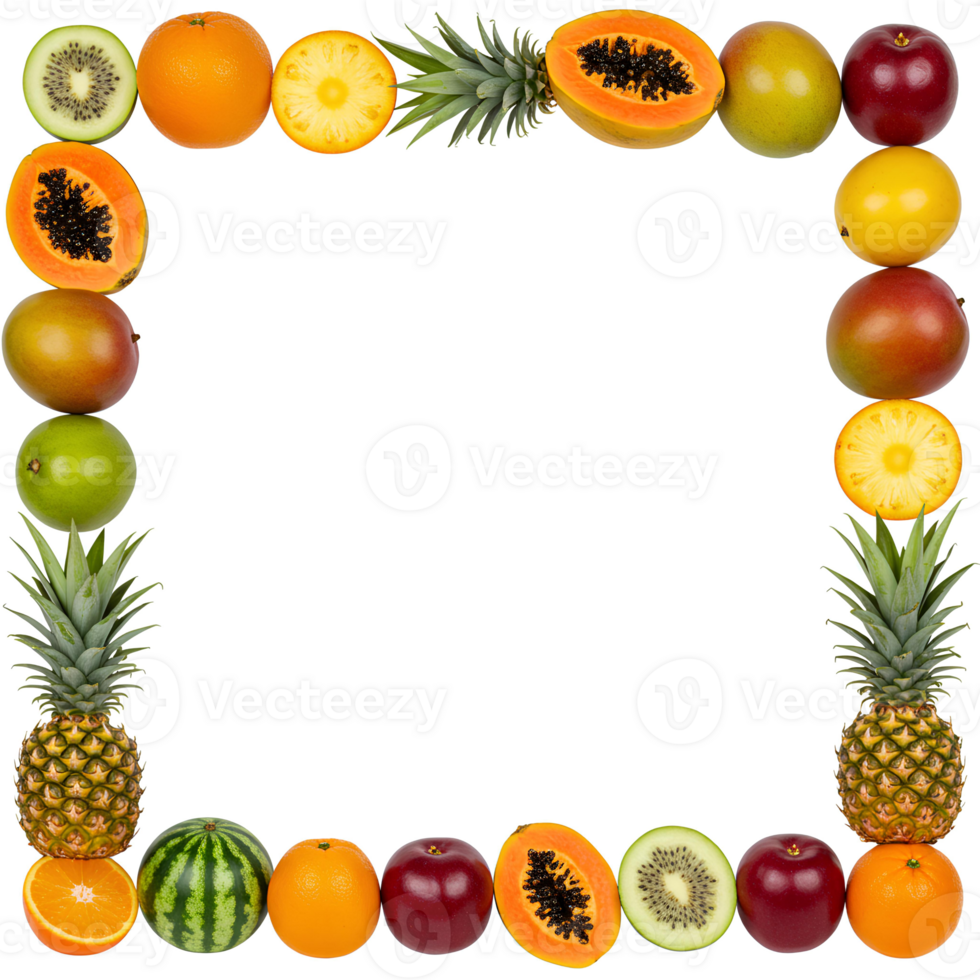 tropical summer frame fruit top view . Organic and fresh frame fruit top view flat lay isolated. Colorful frame made of tropical fruits top view isolated for summer designs, juice ads png