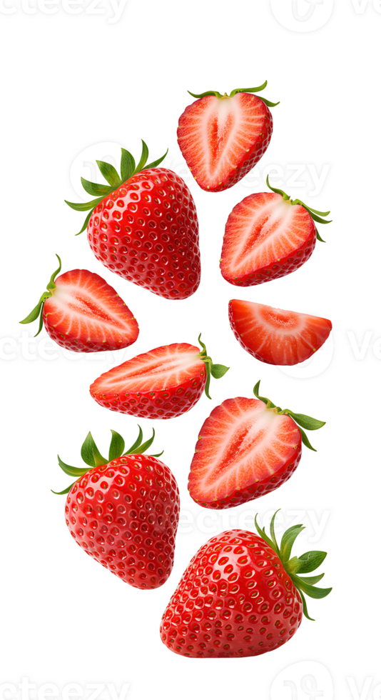 strawberry slices falling down . whole strawberries and strawberry pieces flying isolated. Fresh and organic strawberry fruit scattered . Berry fruit strawberry isolated png