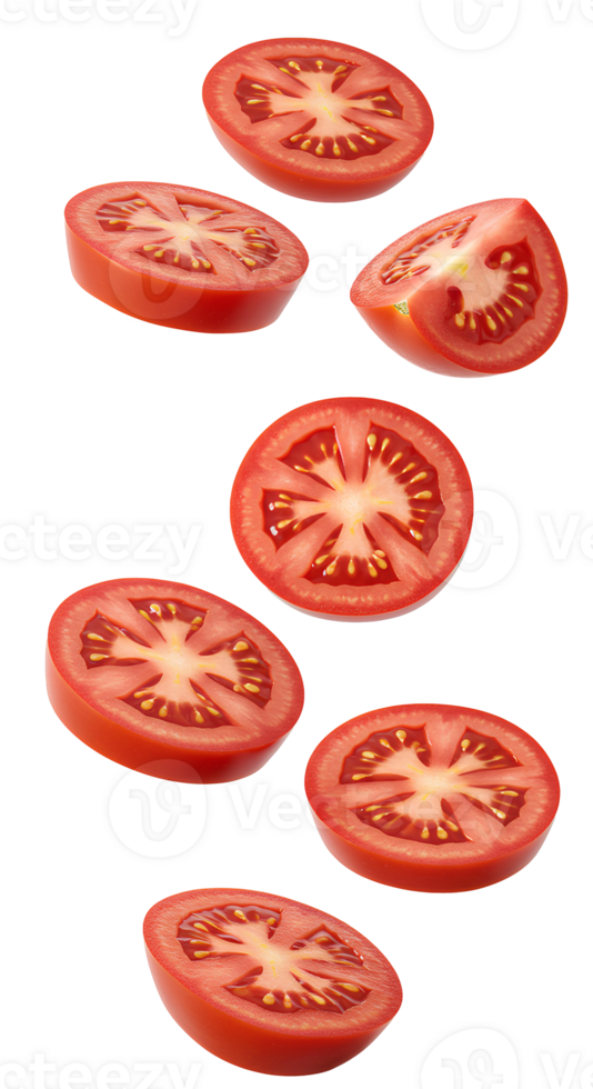 tomato slices falling down . whole tomatoes and tomato pieces flying isolated. Fresh and organic tomato vegetable scattered . summer vegetable tomatoes isolated png