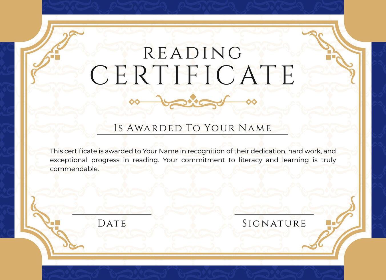 Regal Reading Certificate Template with Elegant Gold and Blue Ornate Borders vector