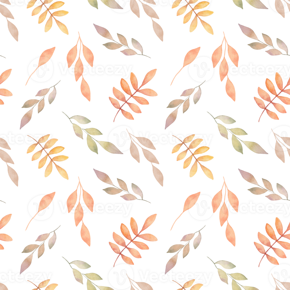 Autumn seamless pattern of different leaves. Botanical watercolor illustration. Hand drawn isolated art. Pastel natural background for seasonal projects and festivals. Gardening, Thanksgiving png