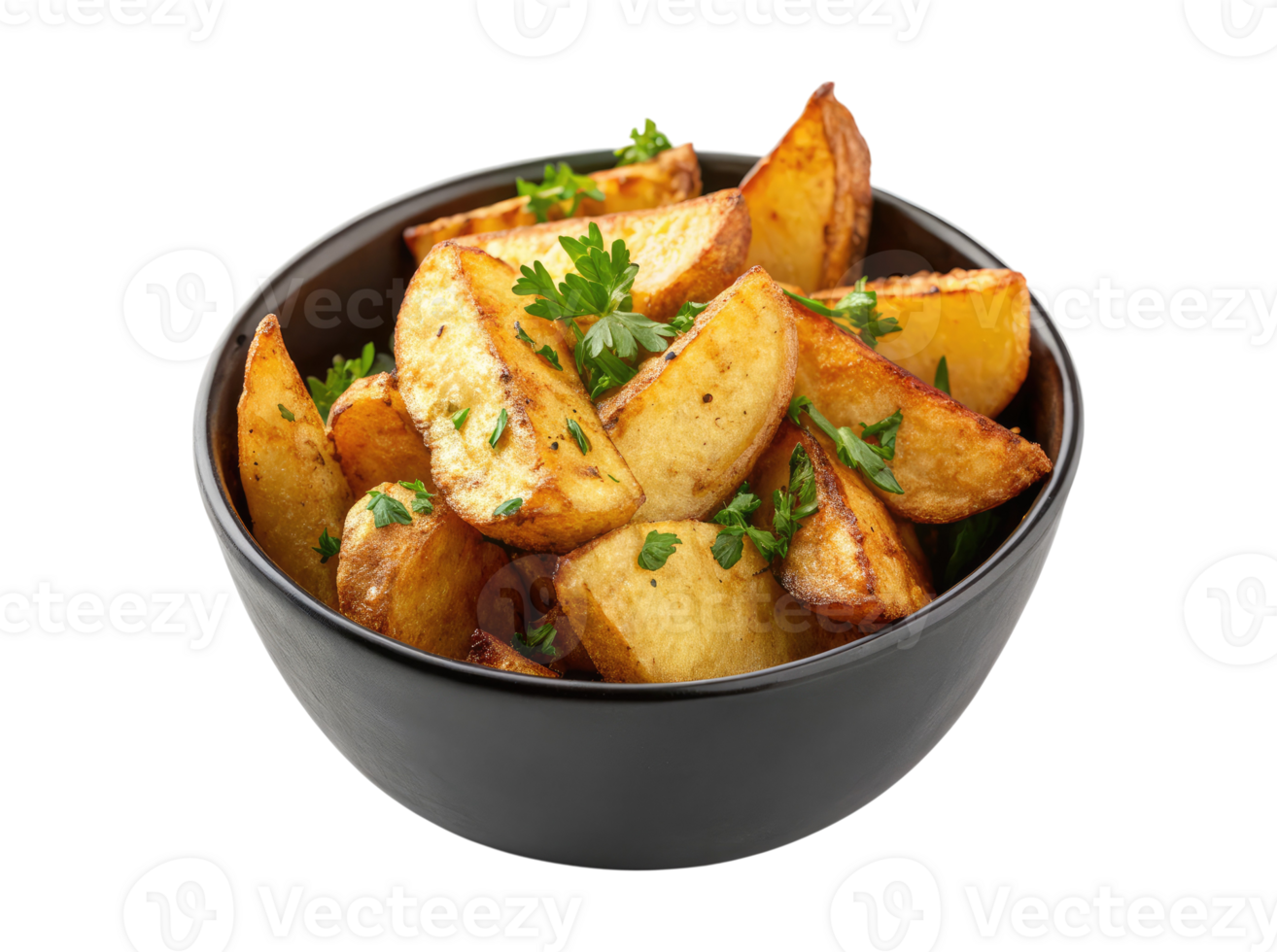 Side view of baked potato wedges on a black porcelain bowl isolated on a transparent background png