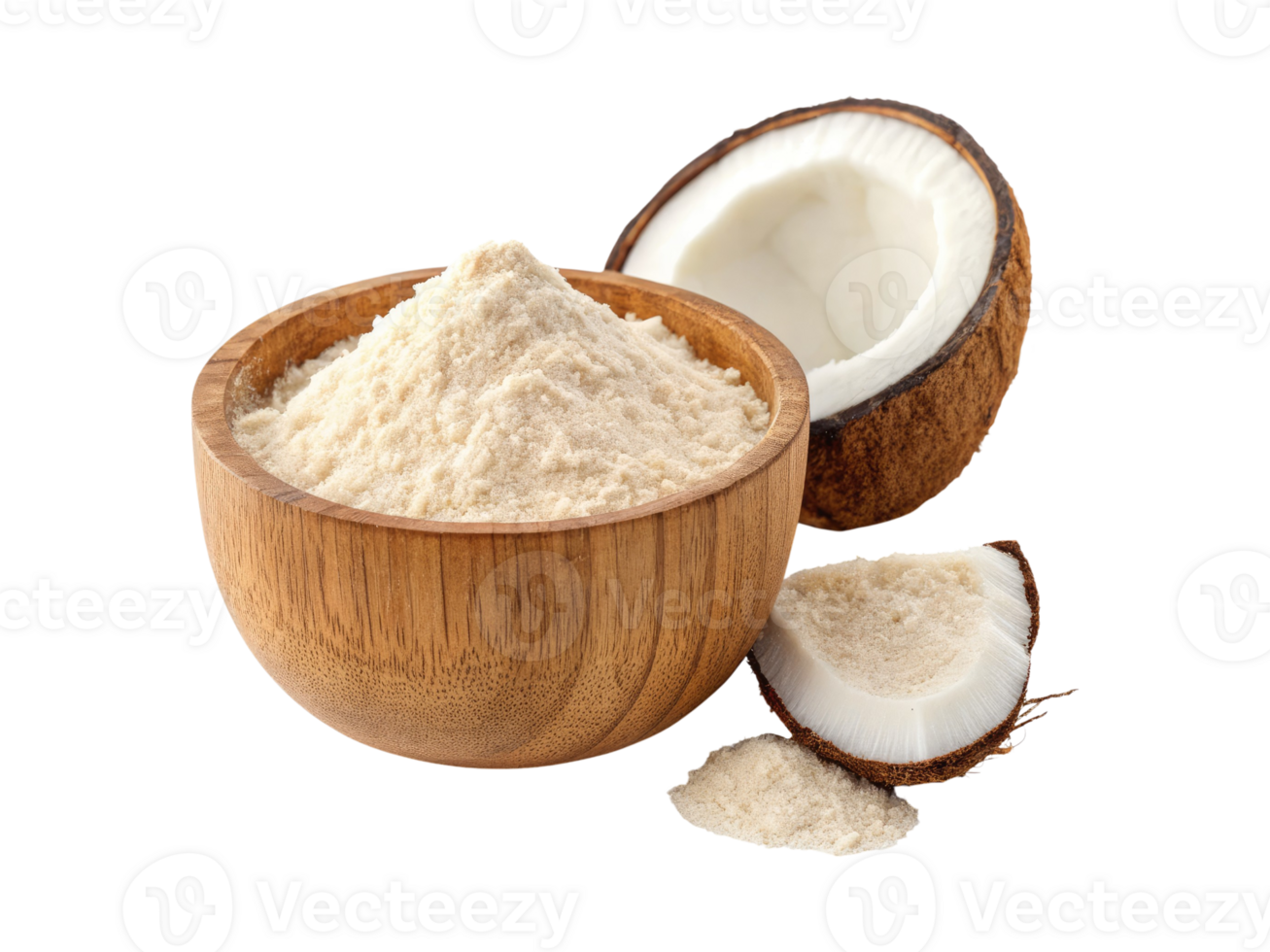 A wooden bowl of coconut flour with halved coconut isolated on a transparent background png