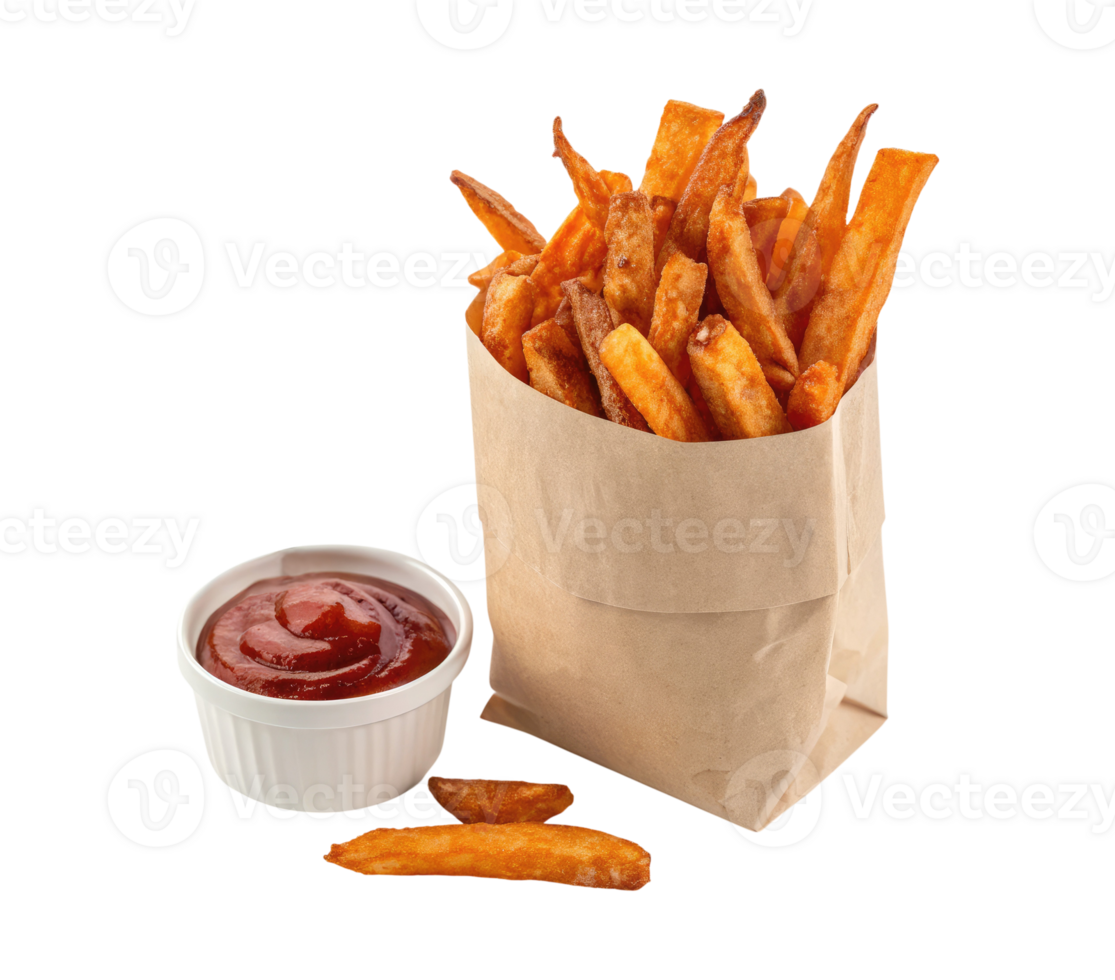 Crispy sweet potato fries with ketchup served in a paper bag isolated on a transparent background png