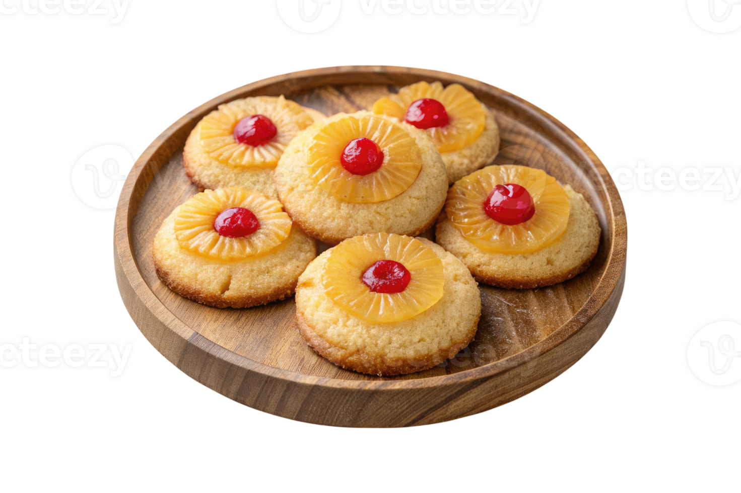 Pineapple upside-down sugar cookies in a wooden plate isolated on a transparent background png