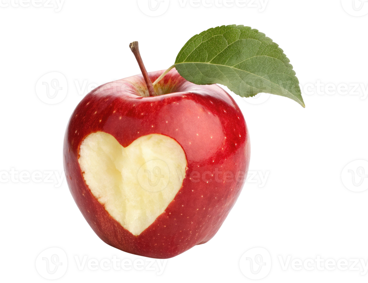Bitten red apple in the shape of a heart with a leaf isolated on a transparent background png