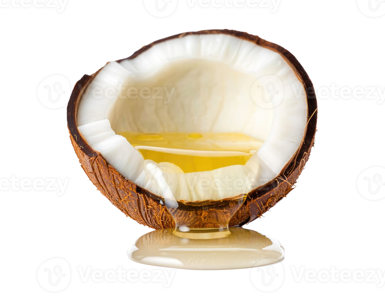 Virgin coconut oil poured from half coconut shell isolated on a transparent background png