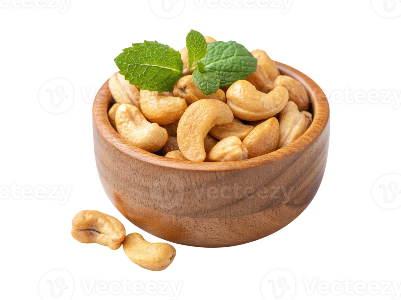 Roasted cashew nuts with mint leaf in a wooden bowl isolated on a transparent background png