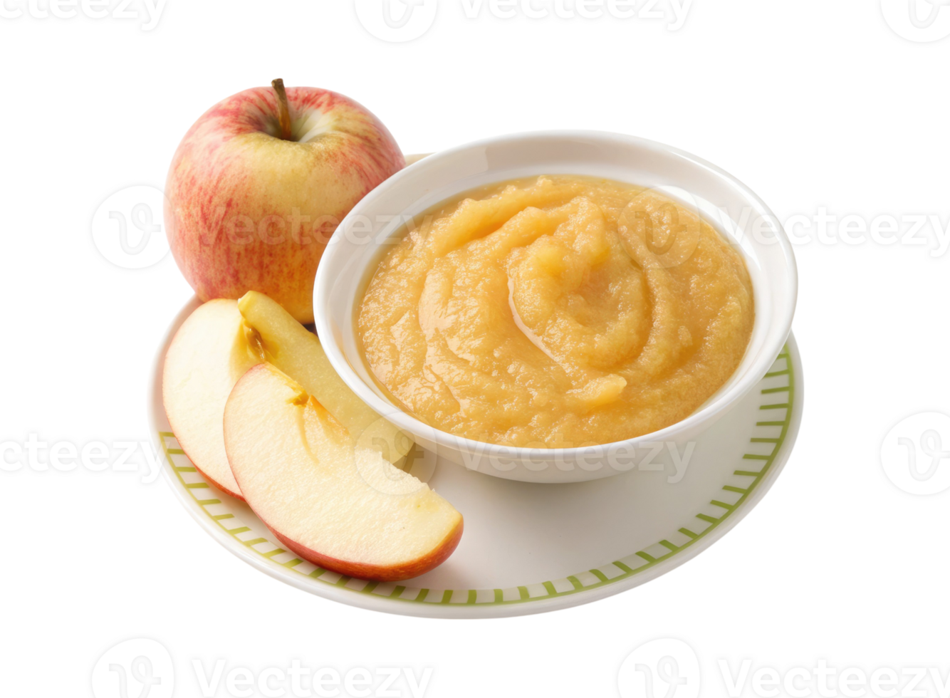 A plate of baby apple puree with apple slice isolated on a transparent background png