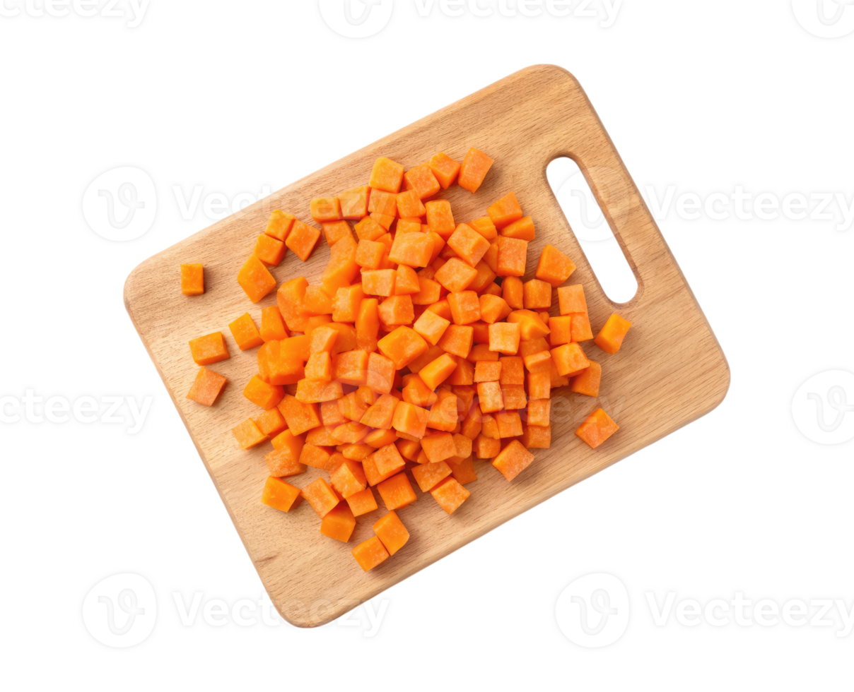 A carrot cubes on a cutting board isolated on a transparent background food design png