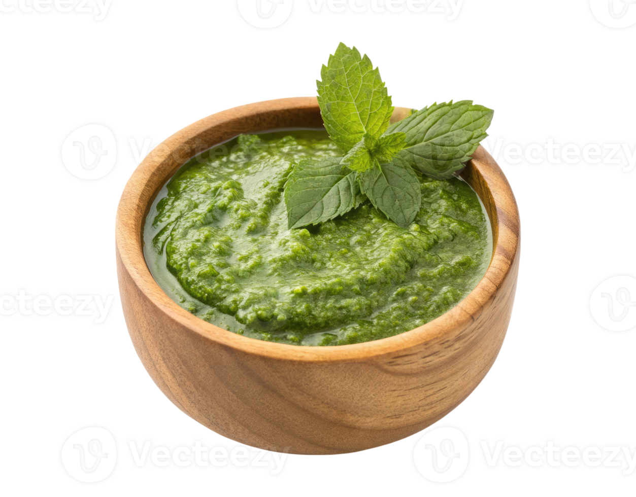 Fresh mint chutney with mint leaf in a wooden bowl isolated on a transparent background side view png