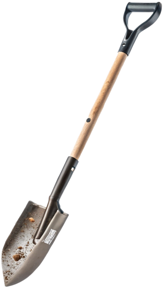Close-up of a classic shovel with a wooden handle, isolated on Transparant background ready for gardening or construction tasks in the spring png