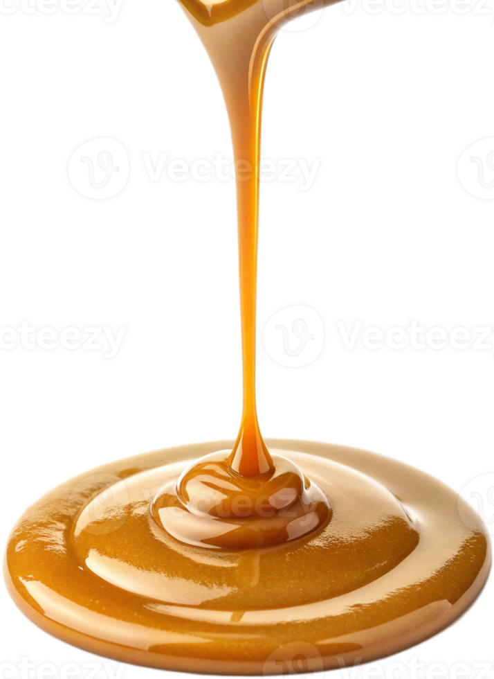 Enticing close-up of flowing caramel, capturing its rich texture and glossy shine, ideal for sweet indulgence png