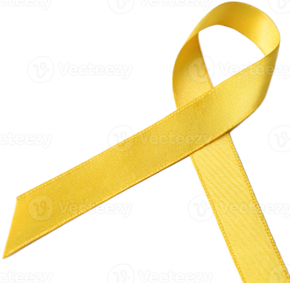 Close-up of a vibrant yellow ribbon symbolizing hope, awareness, and support for important causes, isolated on a Transparant background png