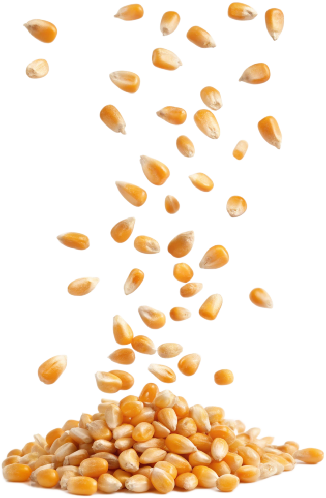 Golden cascade of corn kernels against a stark Transparant background creating dynamic movement png