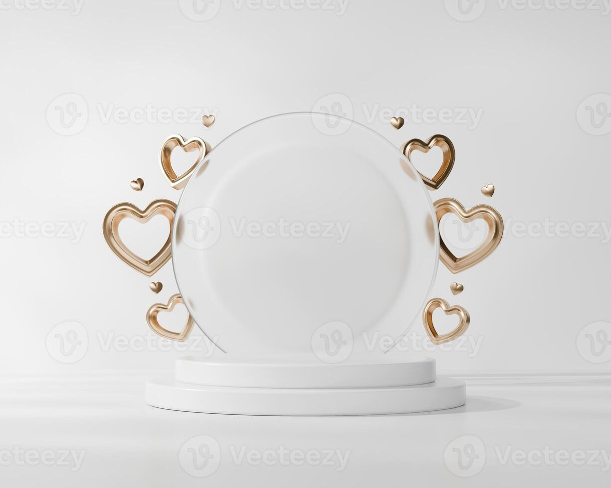 White podium pedestal with gold heart product display showing 3d rendering photo