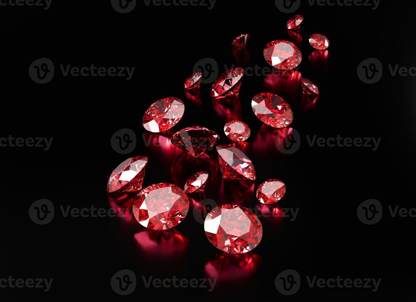 Red Ruby diamonds placed on black background, 3d rendering photo
