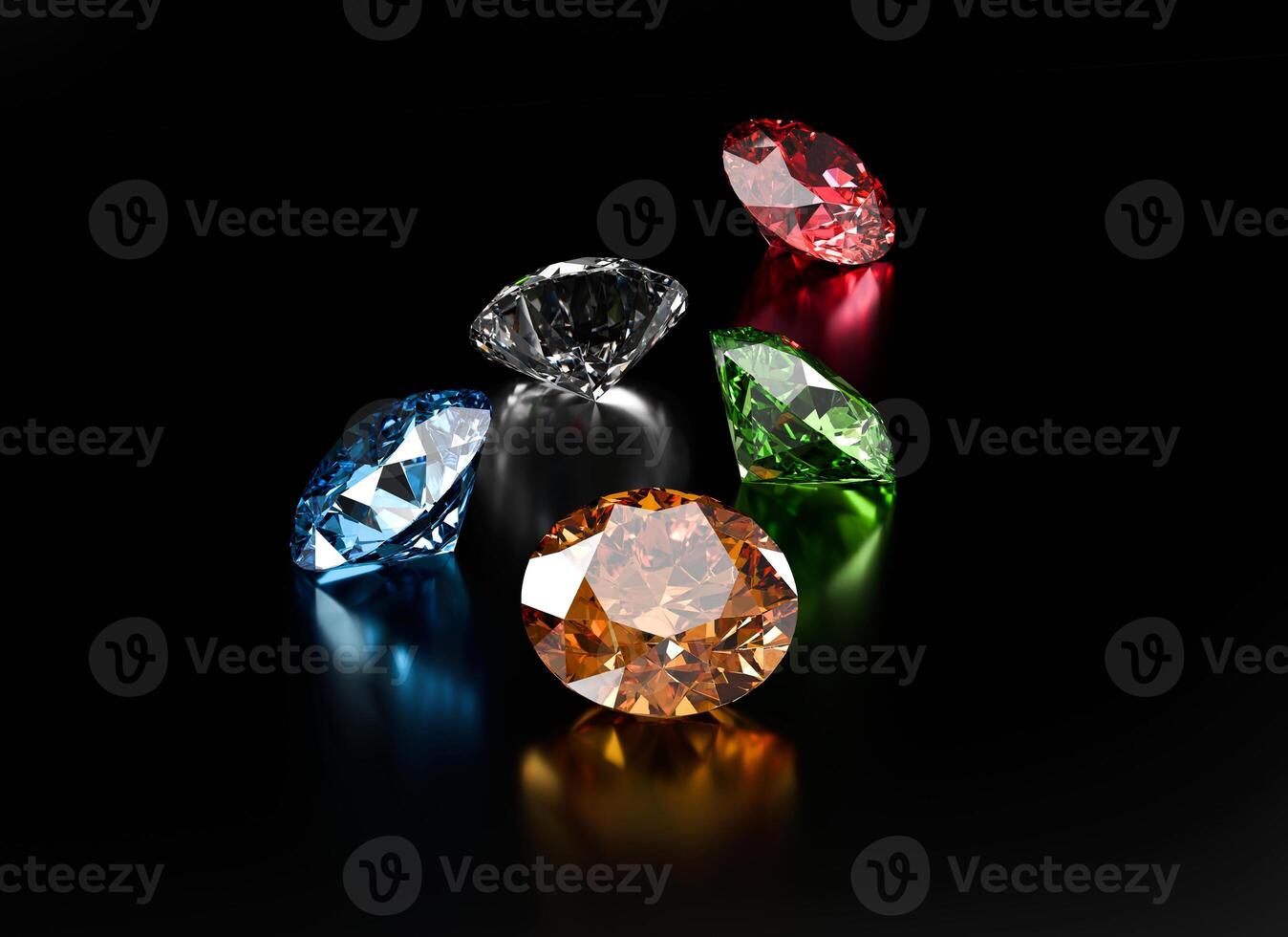 Colorful Gemstones placed on glossy reflection background, 3d rendering. photo
