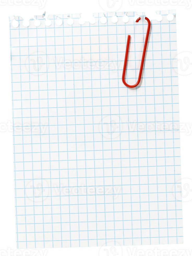 Piece of blank grid Paper note with red paper clip cut out. Mockup template Design png