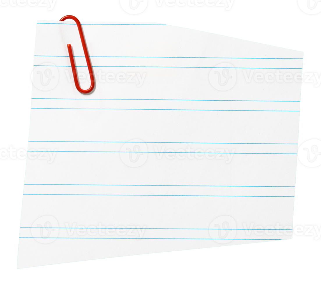 Piece of blank lined Paper note with red paper clip cut out. Mockup template Design png