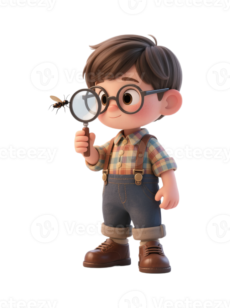 A cartoon boy holding a magnifying glass png