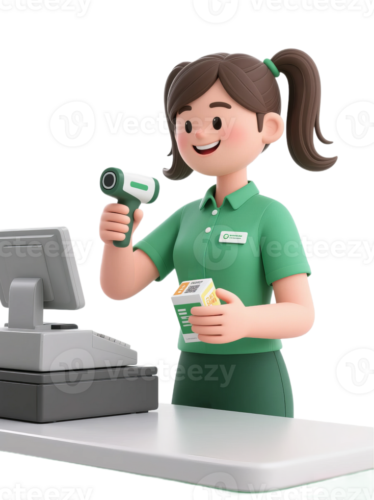 A woman in green shirt holding a cash register png