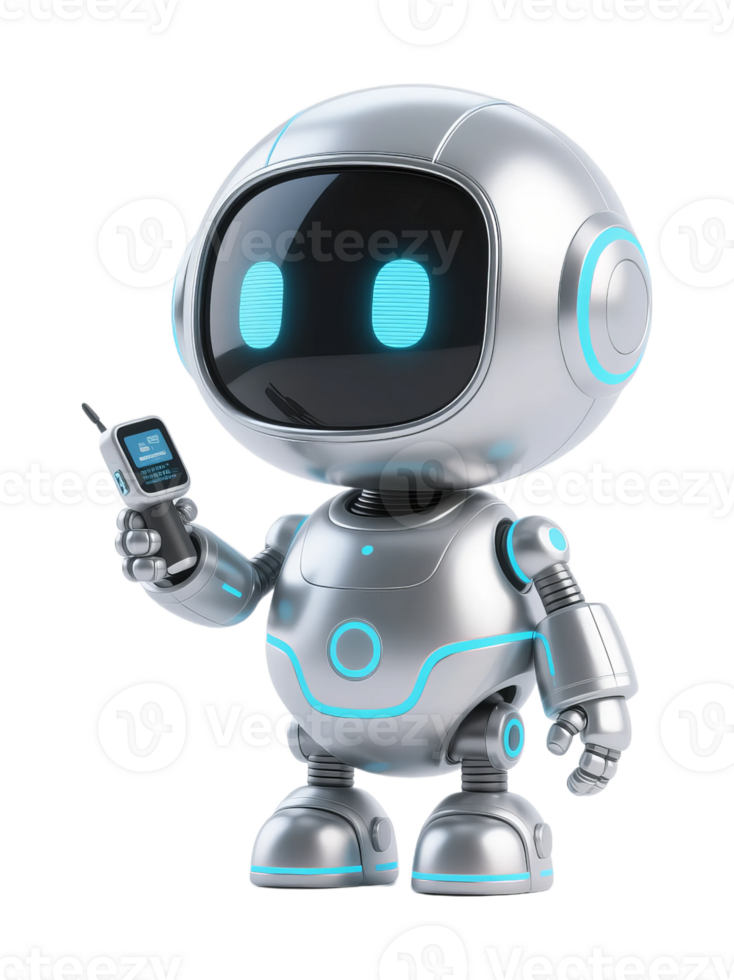 A robot holding a cell phone and talking on the phone png