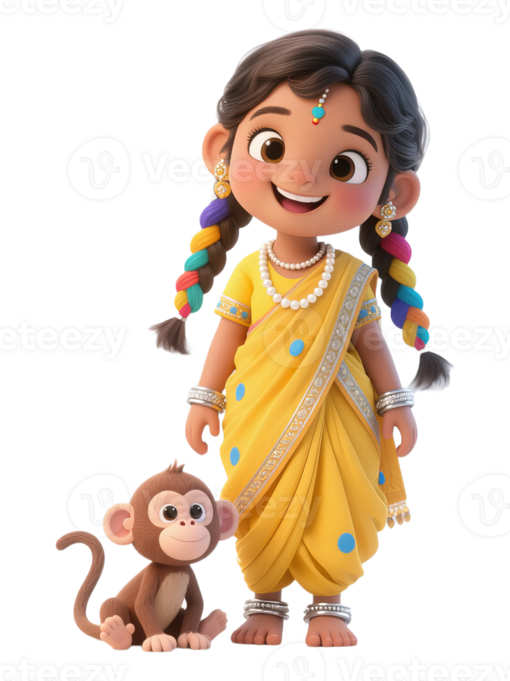 A cartoon girl in a yellow sari with a monkey png