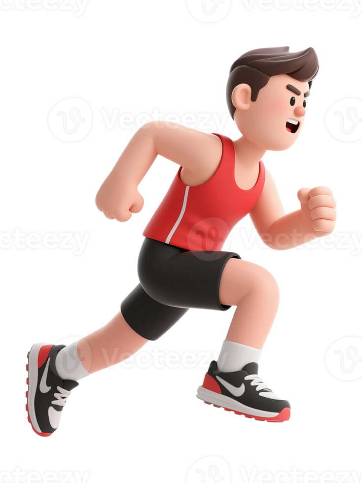 A cartoon man running in a red shirt and black shorts png
