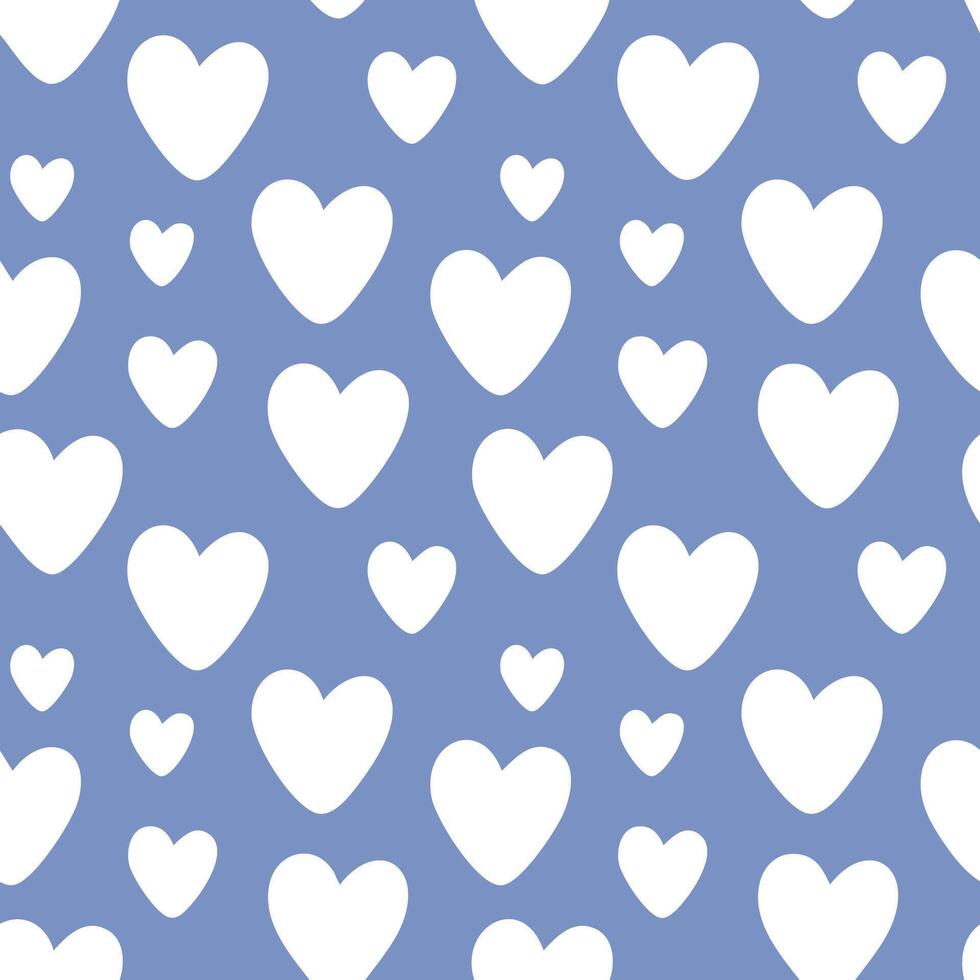 Simple White Hearts Hand Drawn Illustration on Blue Seamless Pattern vector