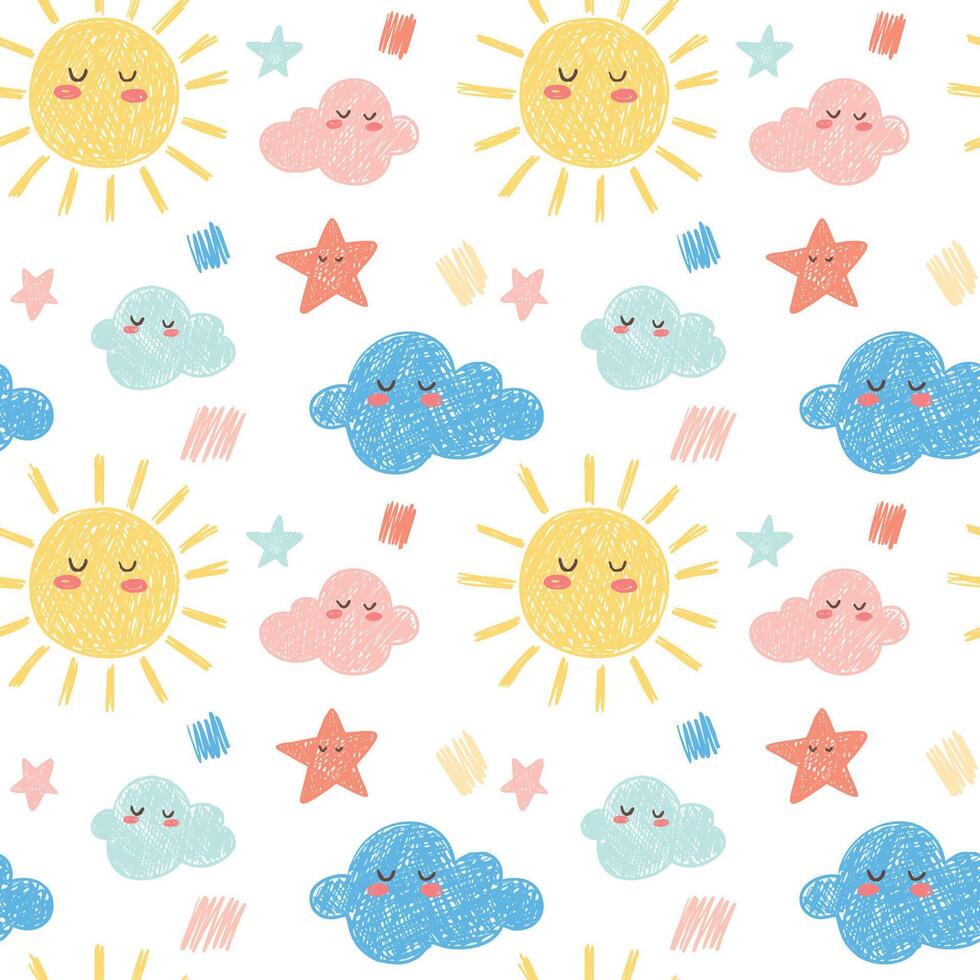 Seamless Pattern of Cute Colorful Sky with Hand Drawn Sun, Clouds, Stars on White Background vector