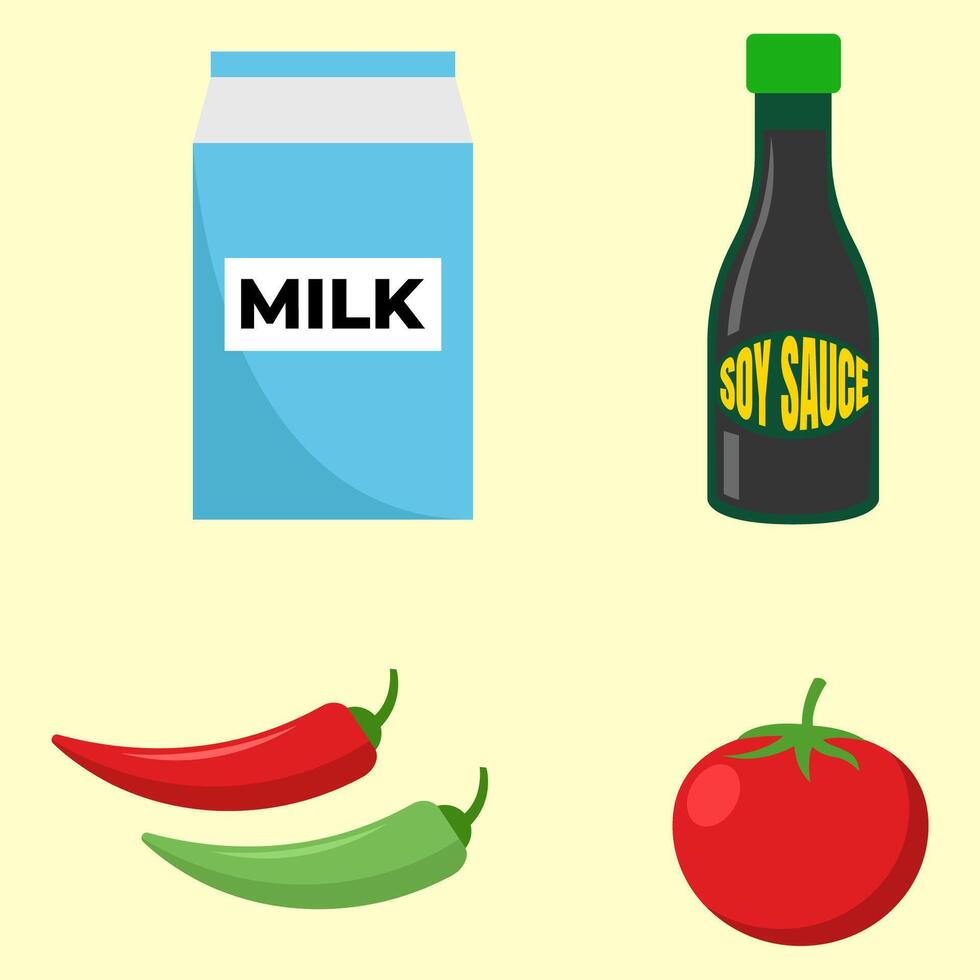 Milk, Soy Sauce, Chili, and Tomato Illustration vector