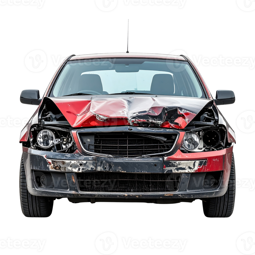 Damaged car with crumpled front and broken headlights png