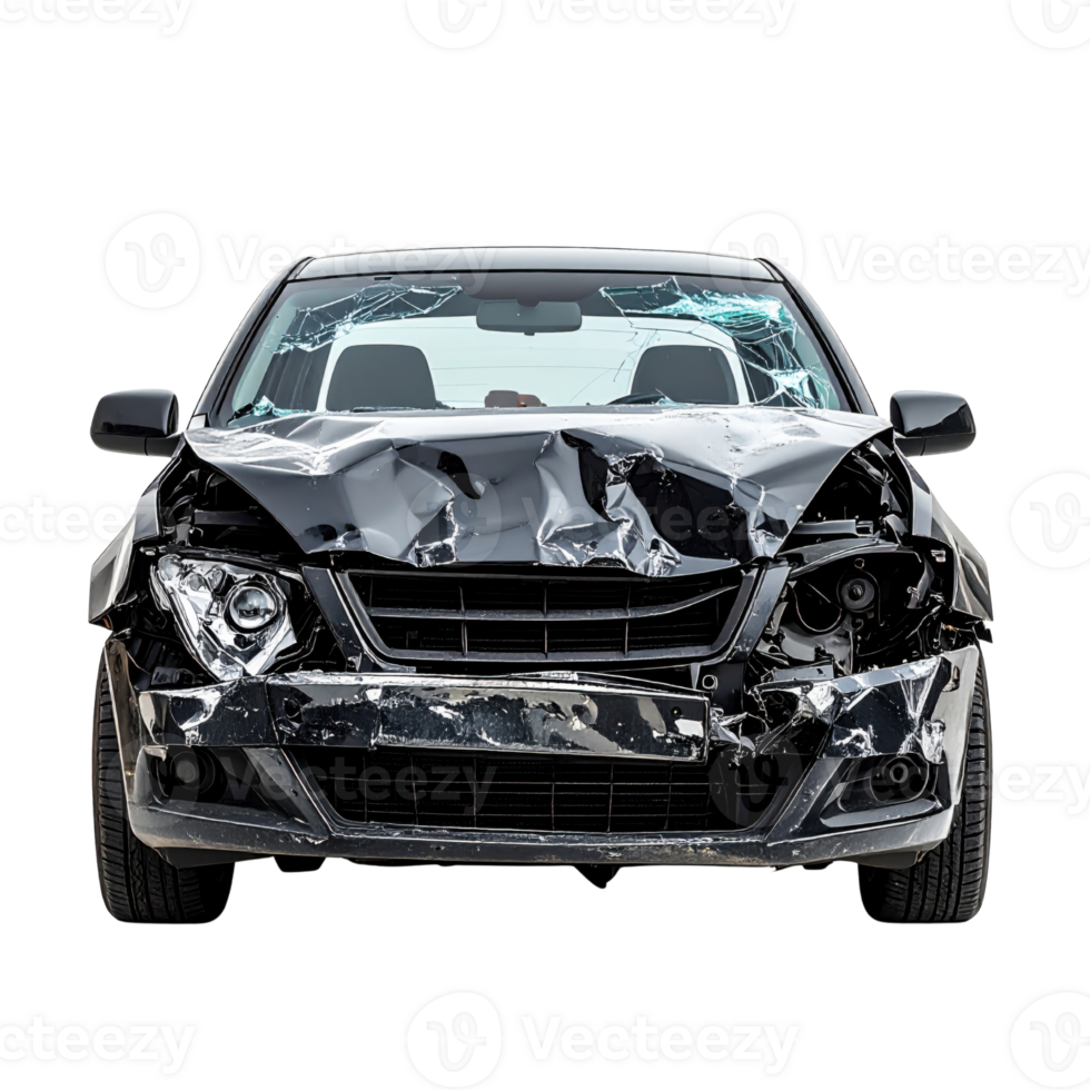 Damaged black car with severe front end collision png