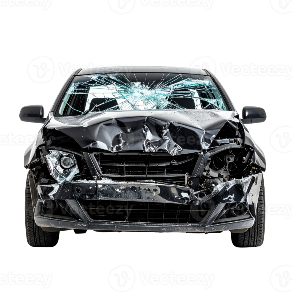 Damaged car with shattered windshield and crumpled body png