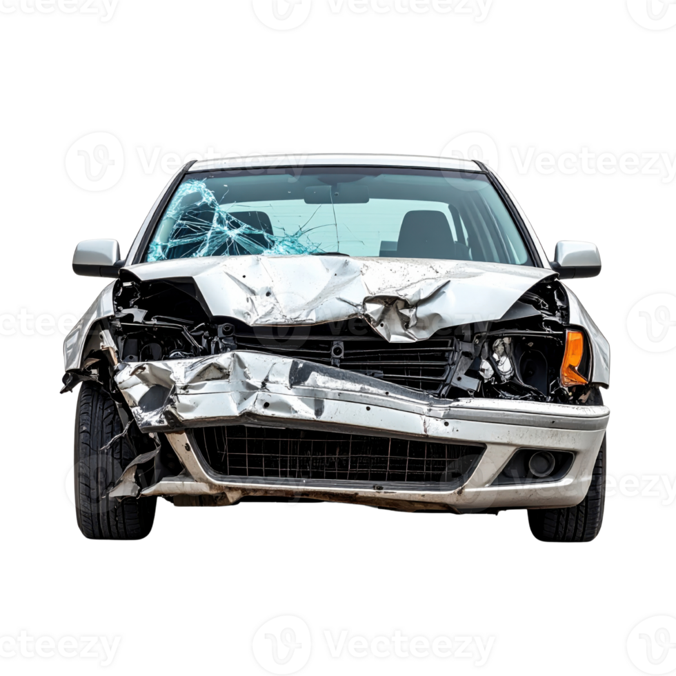 Damaged car with crumpled front and shattered windshield png