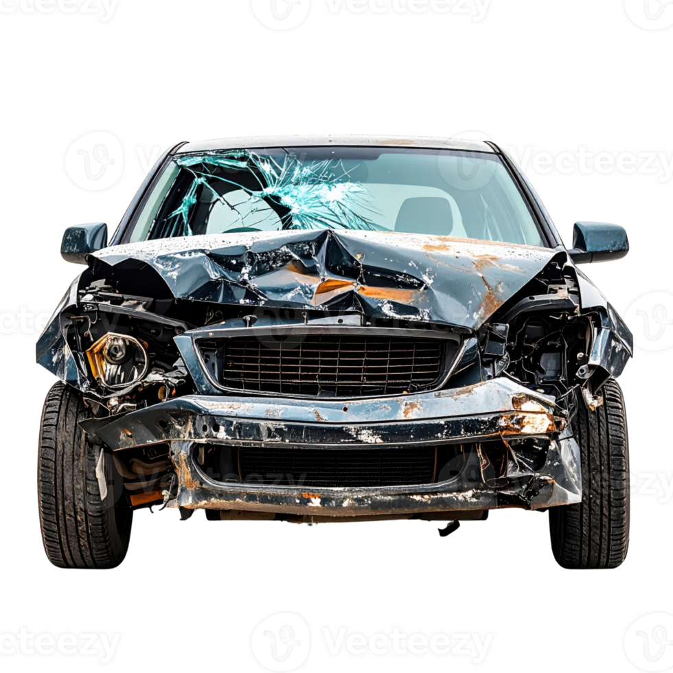 Damaged car with shattered windshield and rust png