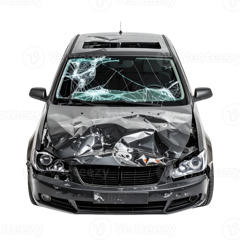 Damaged car with shattered windshield and crumpled hood png