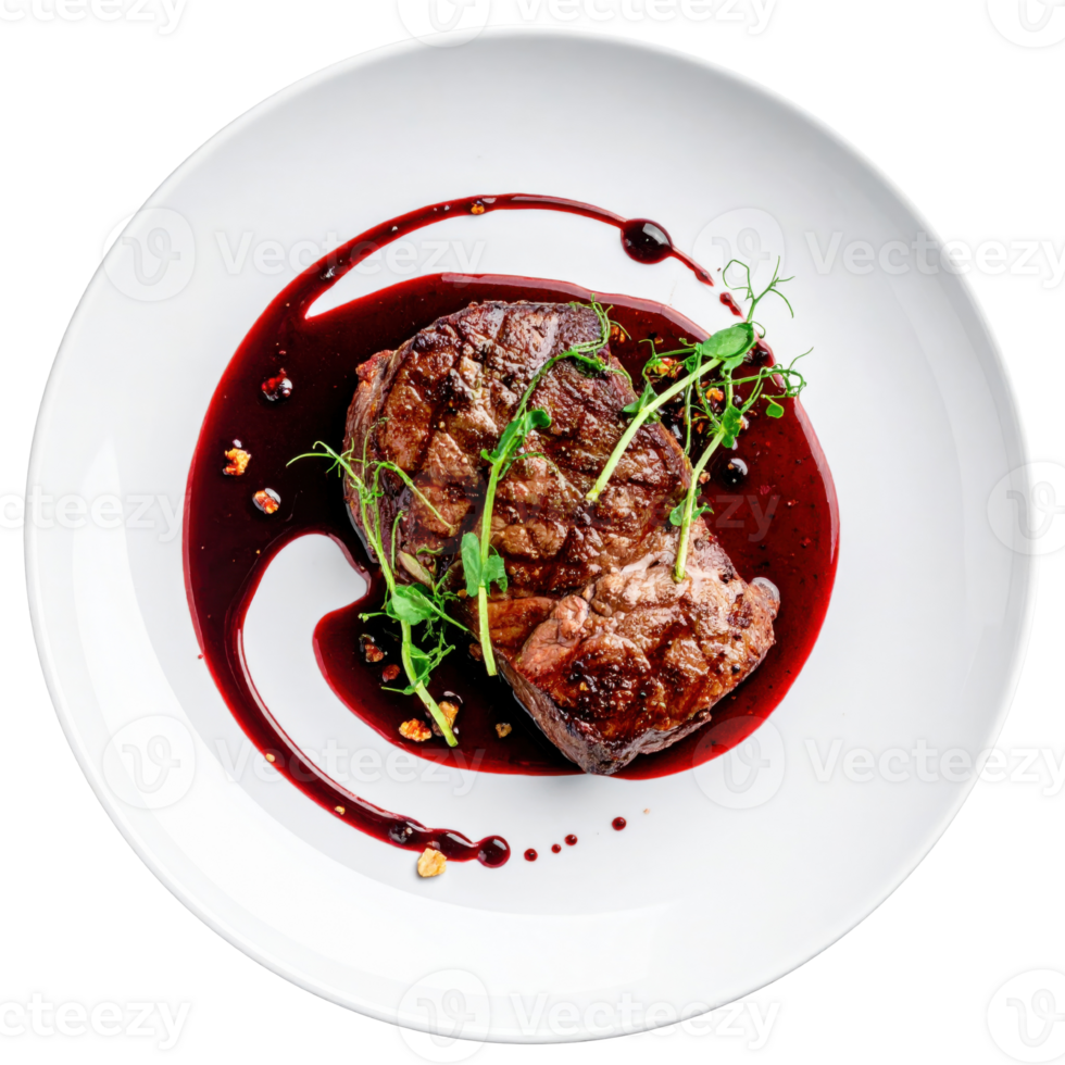 Delicious steak served with rich sauce and garnished png