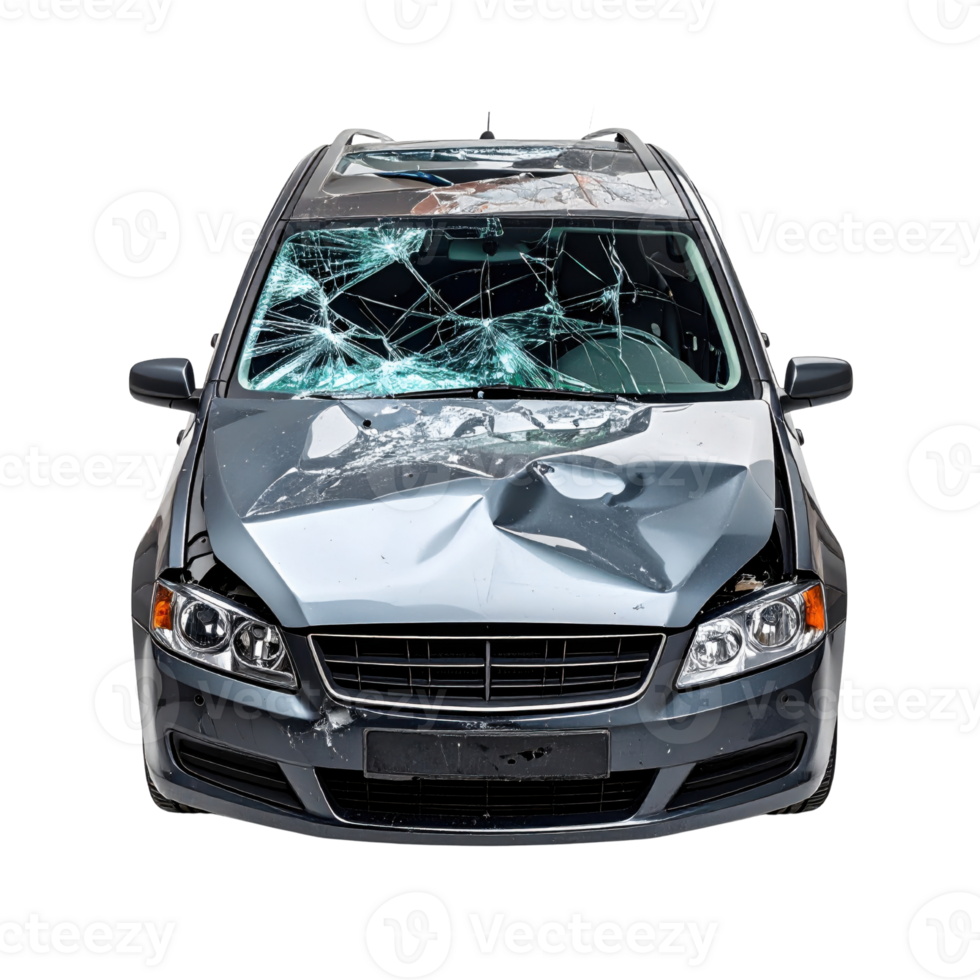 Damaged car with shattered windshield and dented hood png