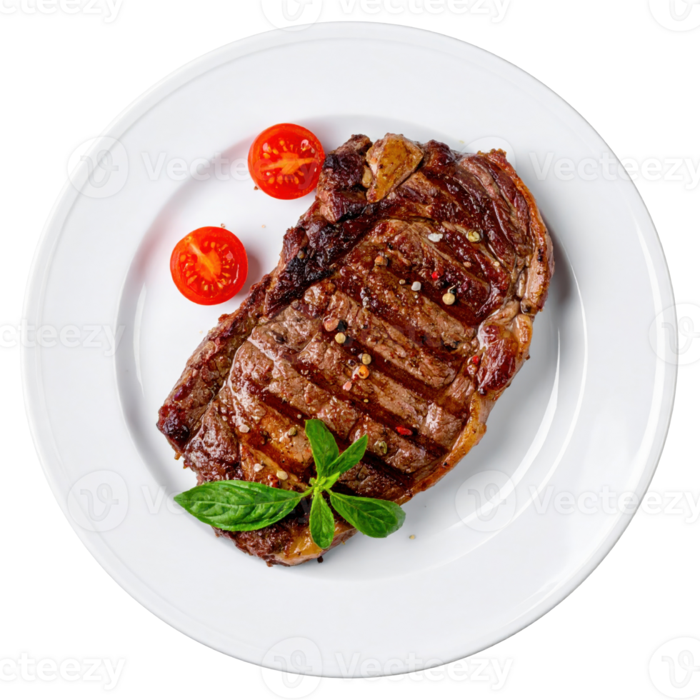 Grilled steak with fresh herbs and tomatoes on plate png