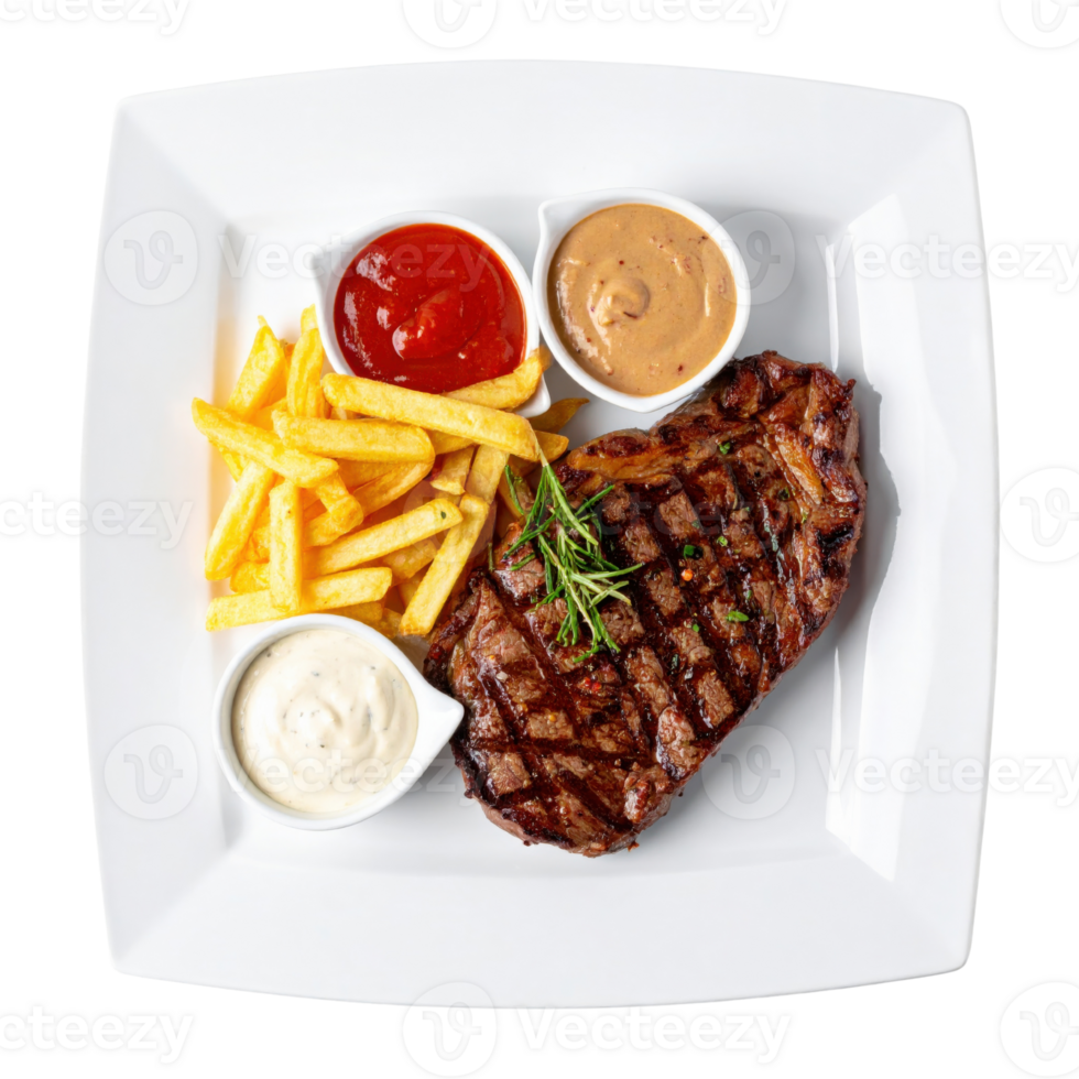 Delicious grilled steak with fries and sauces png