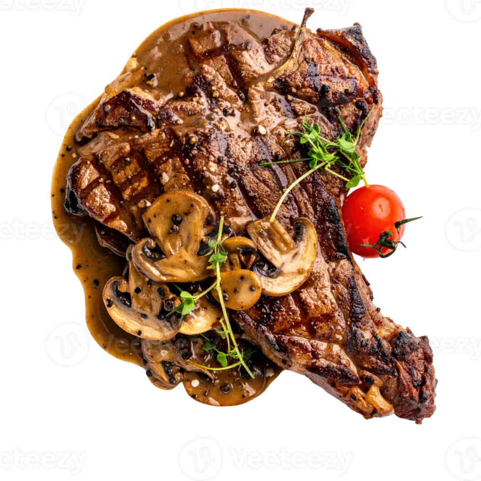 Grilled steak with sauce and mushrooms, garnished with herbs png
