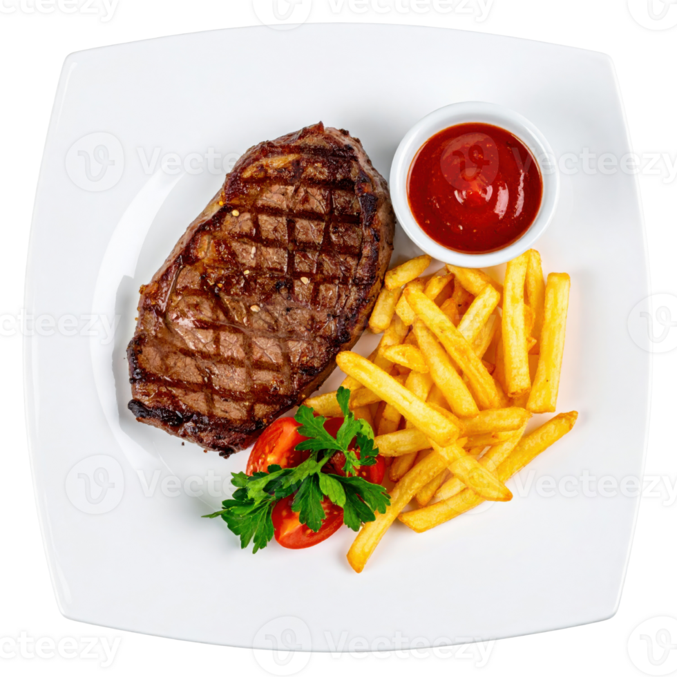 Delicious grilled steak with fries and sauce png