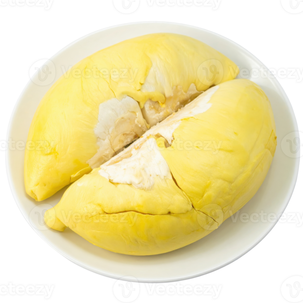 Fresh durian fruit on white plate, showcasing its texture png