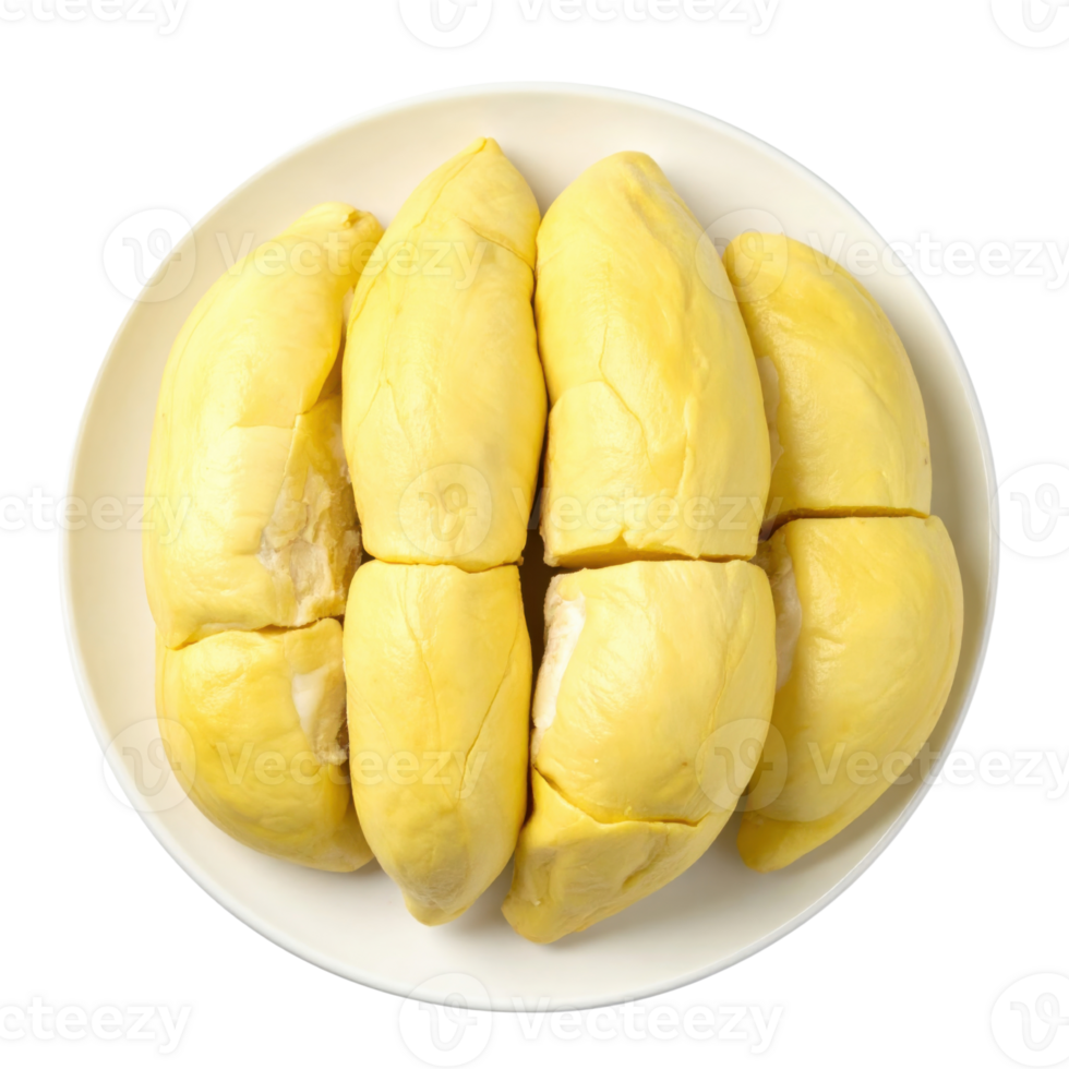 Fresh durian segments on white plate, tropical delight png