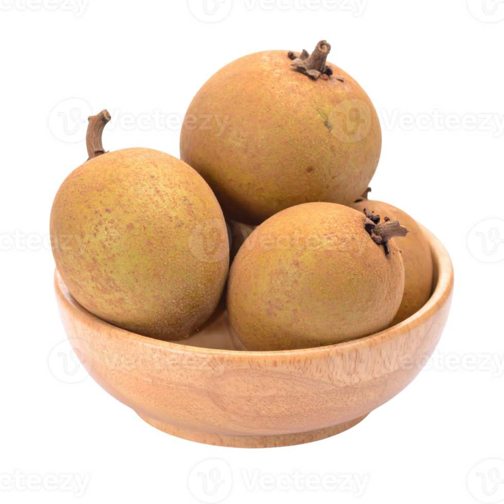 Fresh sapodilla fruit in wooden bowl png