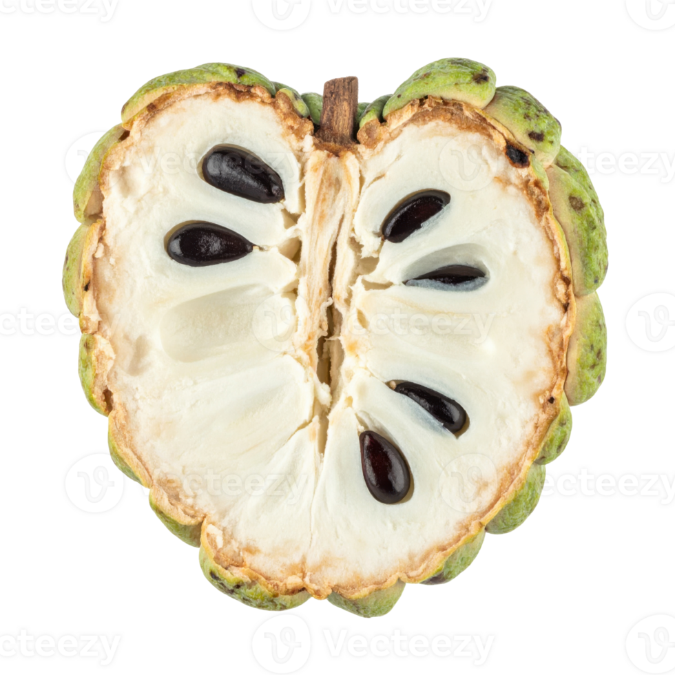 Custard apple cut in half showing seeds and flesh png