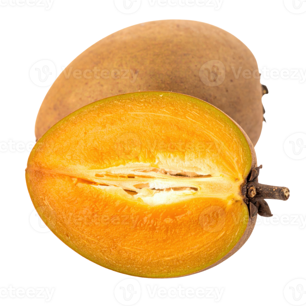Sapodilla fruit with one cut open, revealing orange flesh png