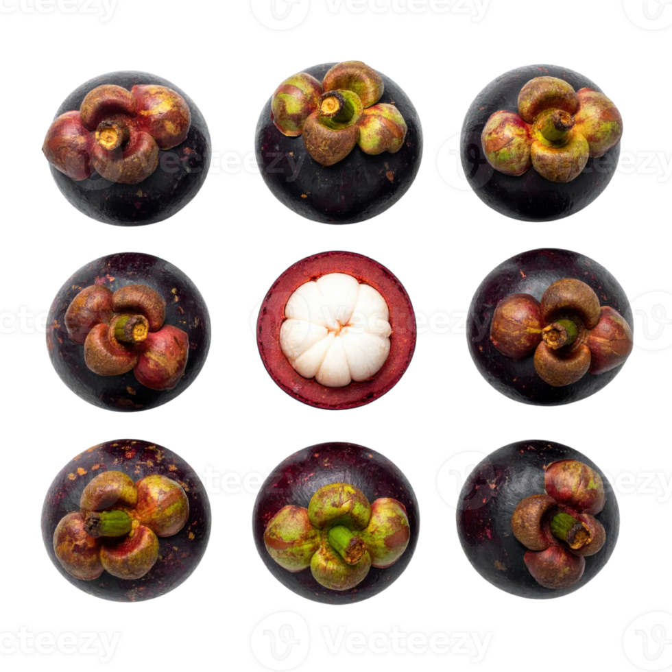 Mangosteen fruit arranged in grid pattern, one cut open png